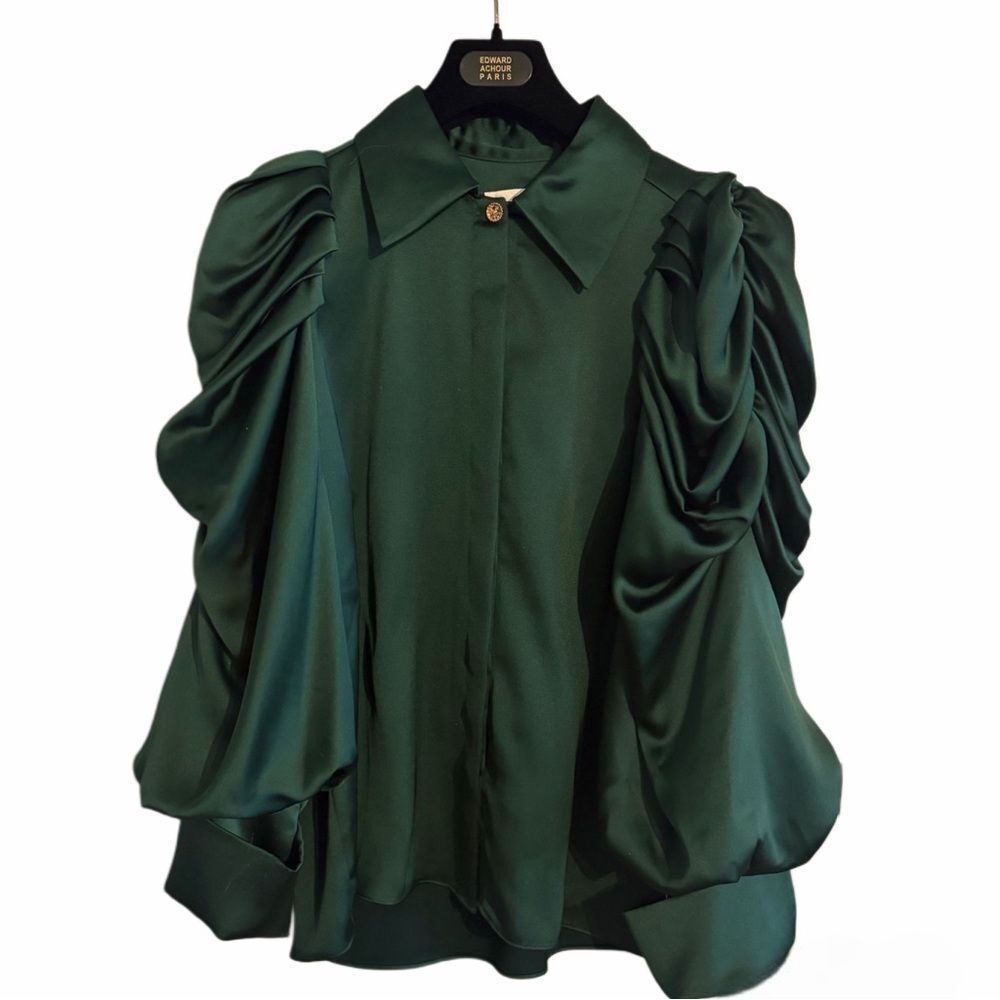 NWT Edward Achour Paris stunning emerald green puffy sleaved satin blouse sz 40